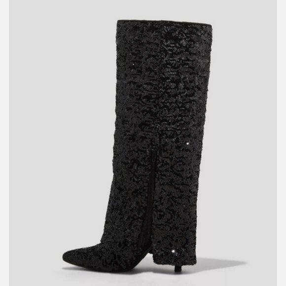 Women's Abba Sequin Foldover Heeled Boots - A New Day Black 9.5 - Picture 3 of 3